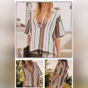 Free People Endless Summer Soleil Time Oversized Striped V-Neck Blouse Size XS